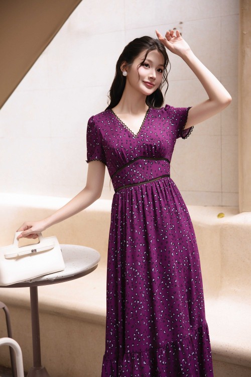 Sixdo Dark Violet Woven Flared Dress
